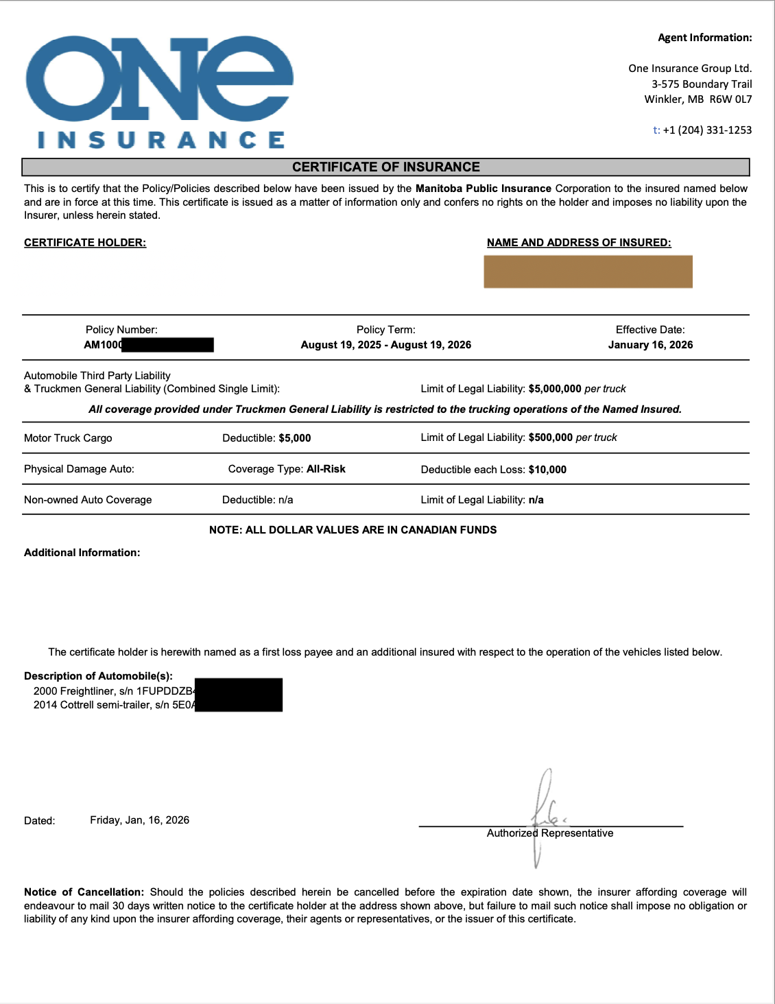 Certificate of Insurance — example from a Canadian auto transport carrier showing coverage details, policy limits, and vehicle information